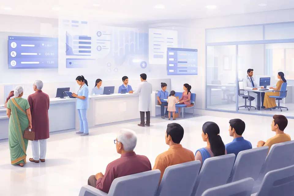 Modern Indian hospital OPD with organized patient flow and digital queue system