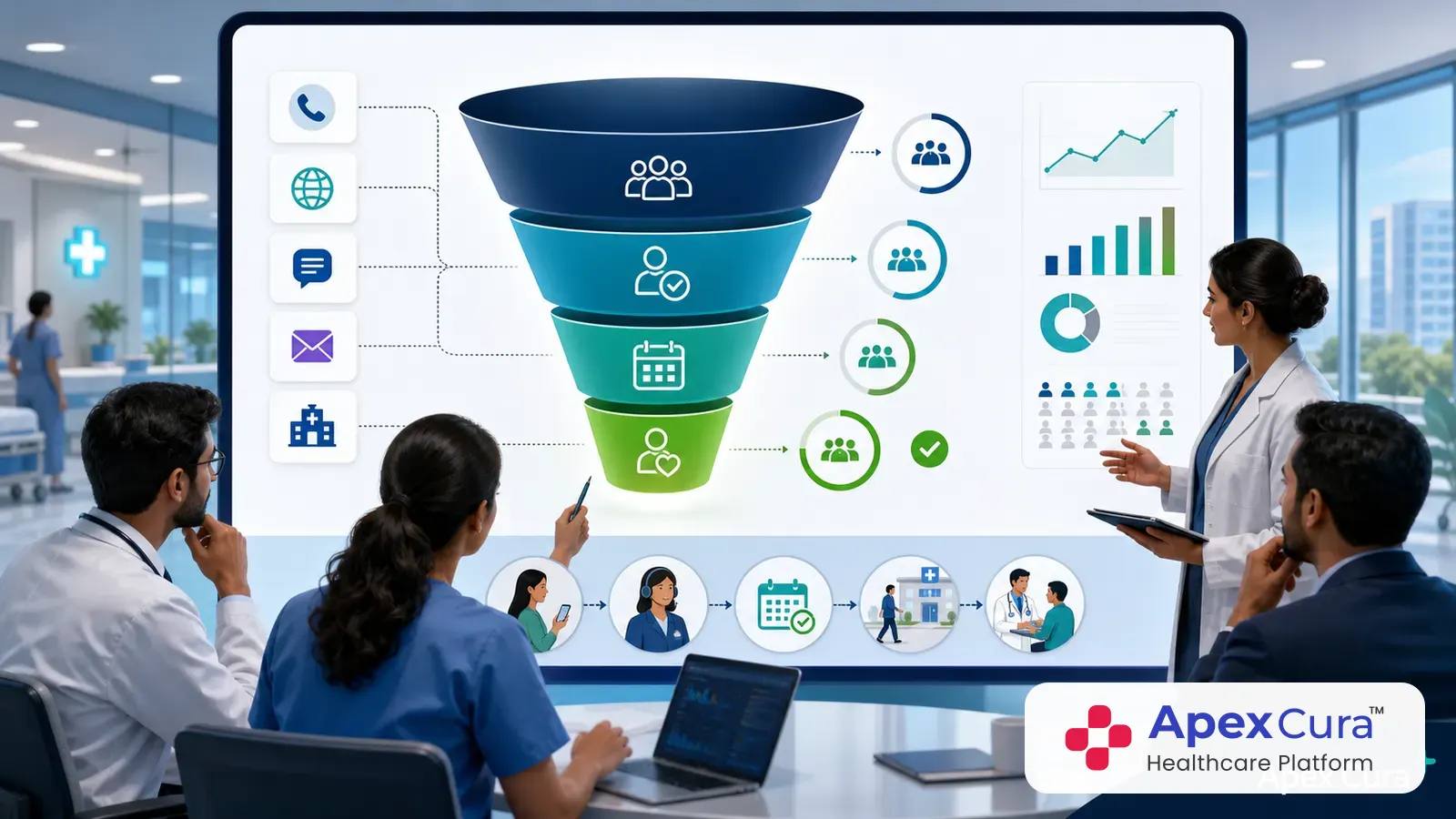 Hospital enquiry conversion funnel from lead to patient visit