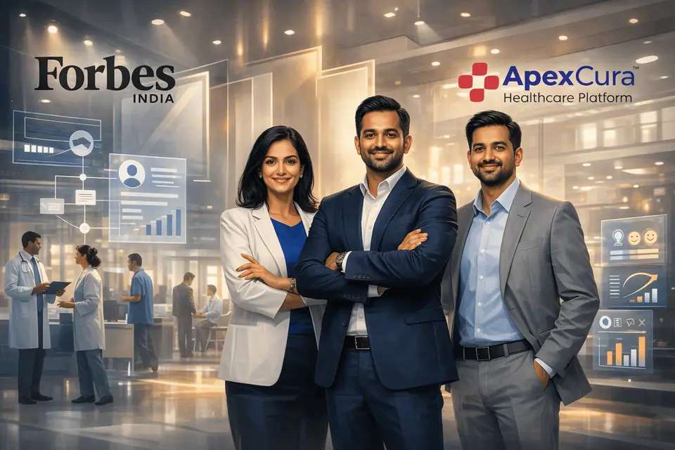 Apex Cura leadership team at a modern hospital, recognized by Forbes India as a top healthcare AI startup.